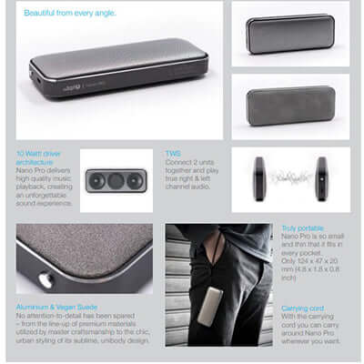 Nano Pro Bluetooth Wireless Speaker showcasing its sleek design, 10 Watt driver, and portability features.