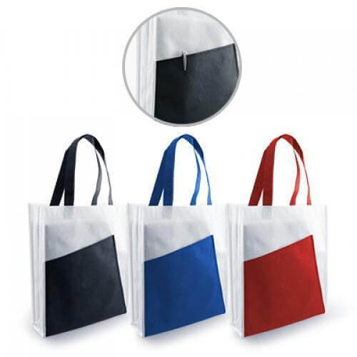 Non-woven Bag (28x34x8) in black, blue, and red with an outer pocket for convenience.