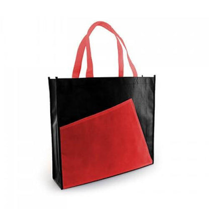 Non-Woven Bag (39x35x10) in black and red with external pocket, perfect for eco-friendly shopping.