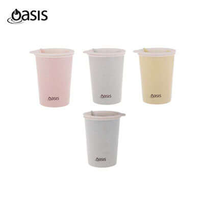 Oasis 300ml Double Wall Eco Cup in pink, gray, yellow, and beige colors, perfect for eco-friendly travel.