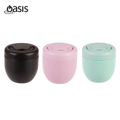 Oasis Stainless Steel Insulated Food Container with Handle 470ML in black, pink, and mint green colors.