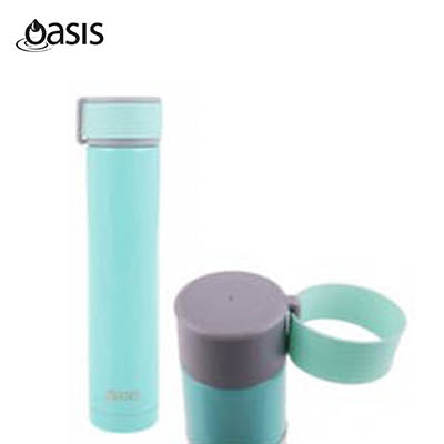 Oasis Insulated Stainless Steel Skinny Mini Drink Bottle 250ml in teal with lid and carrying loop.