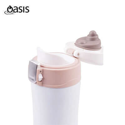 Oasis Stainless Steel Flip-Top Vacuum Flask Insulated Water Bottle 450ML with open lid.
