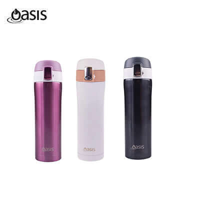 Oasis Stainless Steel Flip-Top Vacuum Flask Insulated Water Bottle 450ML in pink, white, and black colors.