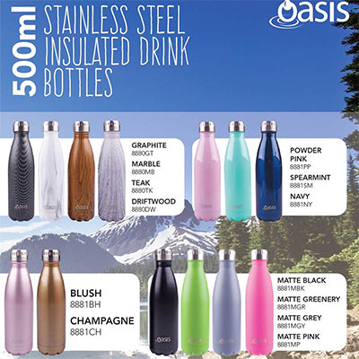 Oasis Stainless Steel Insulated Drinking Bottle 500ml collection in various colors including graphite, blush, and matte pink.