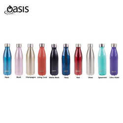 Oasis Stainless Steel Insulated Drinking Bottle in various colors including Aqua, Blush, and Matte Black.
