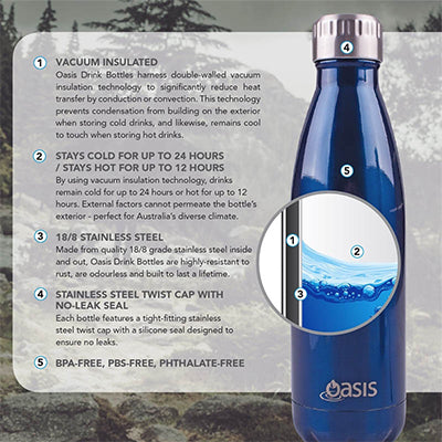 Oasis Stainless Steel Insulated Drinking Bottle showcasing vacuum insulation and sleek design for hydration.