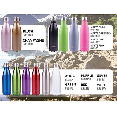 Oasis Stainless Steel Insulated Drinking Bottle in various colors including blush, champagne, and matte finishes.
