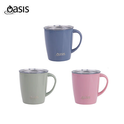Oasis Stainless Steel Insulated Metro Mug with Handle And Lid 350ML in blue, green, and pink colors.