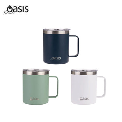 Oasis Stainless Steel Insulated Mug with Lid 400ML in navy, green, and white, perfect for corporate gift.