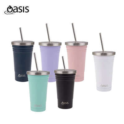 Oasis Stainless Steel Insulated Smoothie Tumbler with Straw 500ML in assorted colors and styles.