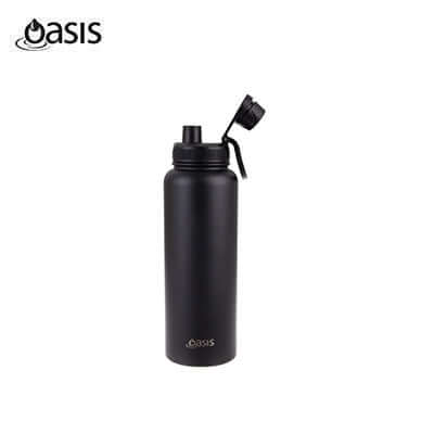 Oasis Stainless Steel Insulated Sports Water Bottle with Screw Cap 1.1L in black color.