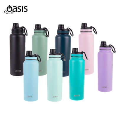 Oasis Stainless Steel Insulated Sports Water Bottle with Screw Cap 1.1L in various colors on display.