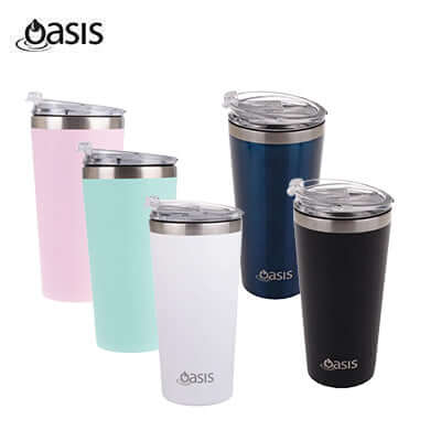 Oasis Stainless Steel Insulated Tumbler With Tritan Lid 480ML travel mugs in various colors.