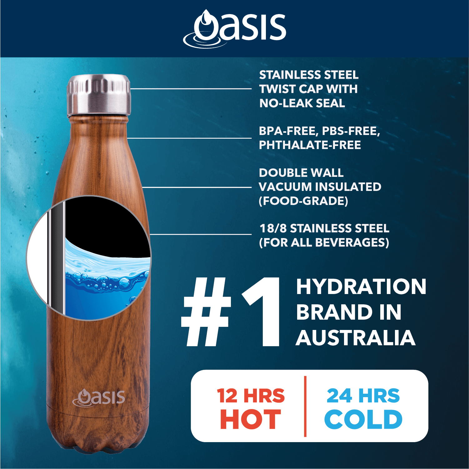 Oasis Stainless Steel Insulated Water Bottle 1.5L features with stainless steel twist cap and insulation details.