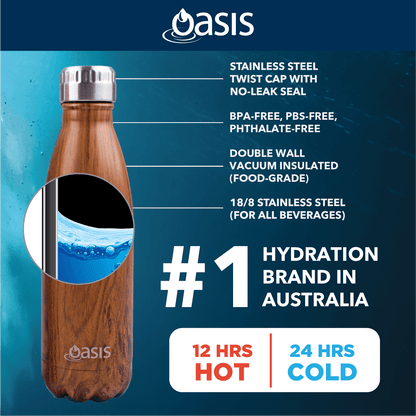 Oasis Stainless Steel Insulated Water Bottle 1.5L features with stainless steel twist cap and insulation details.