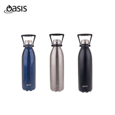 Oasis Stainless Steel Insulated Water Bottle 1.5L in blue, silver, and black colors.