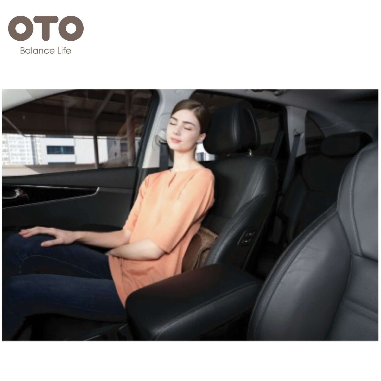 Woman relaxing in a car with OTO Back & Neck Relaxation Clutch for stress relief and comfort.