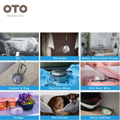 Various uses of OTO Genie for disinfection and deodorization in cars, wardrobes, homes, and more.