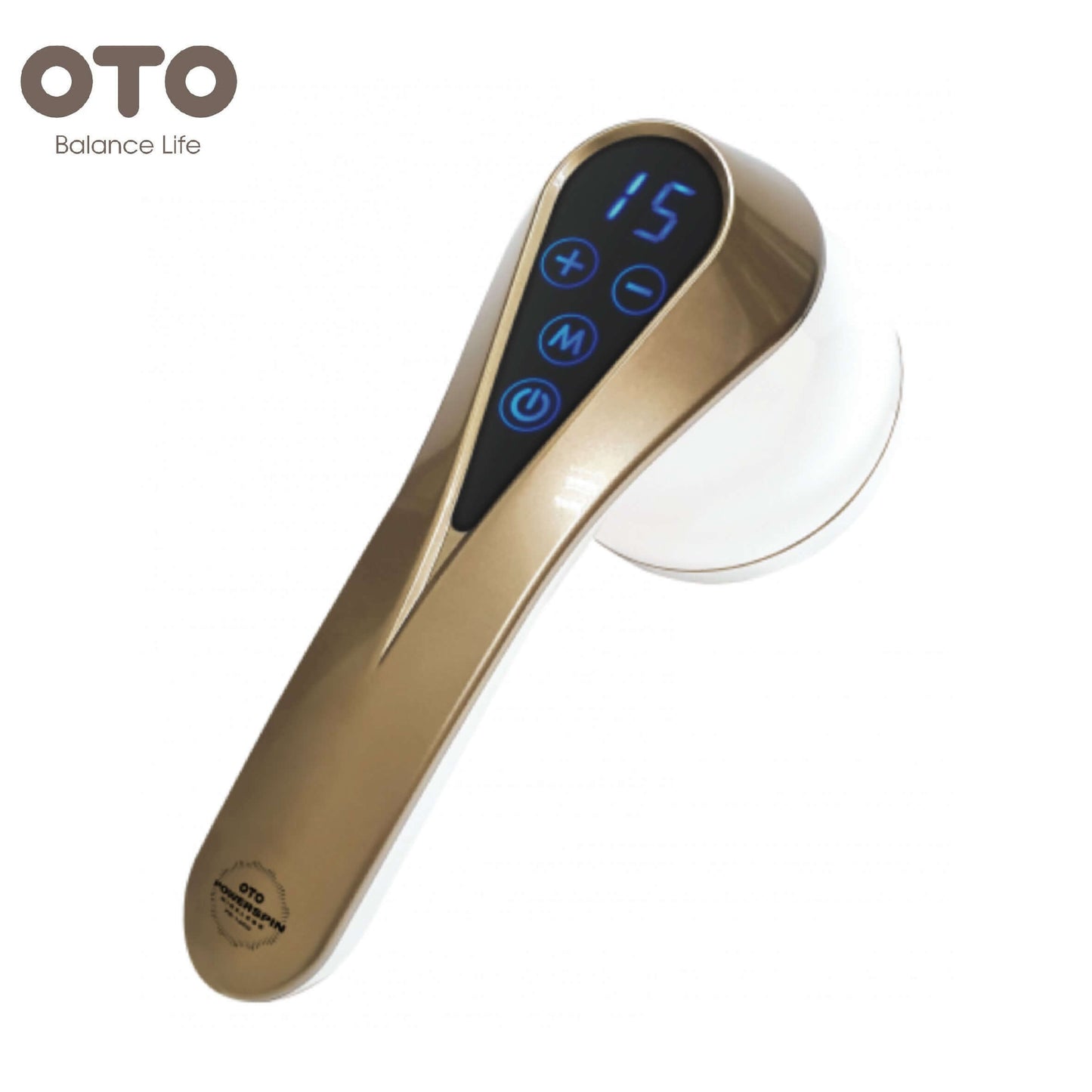 OTO PowerSpin handheld massage stick with touch screen LED display for relaxation and body shaping.