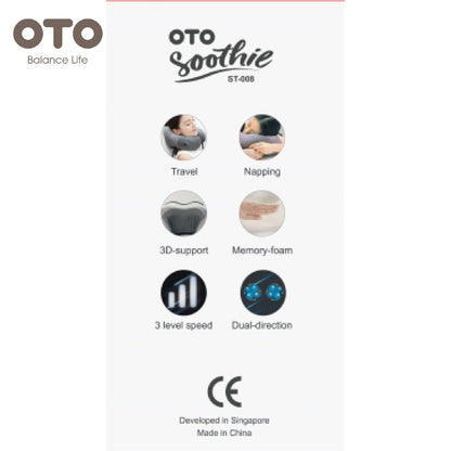 Image showing features of OTO Soothie: travel-friendly, napping support, 3D support, memory foam, 3-level speed, and dual-direction.