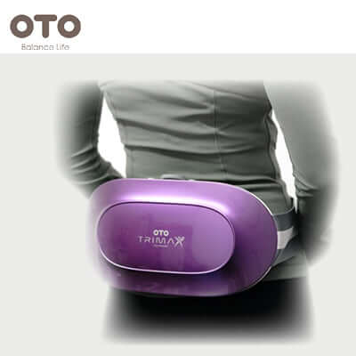 Person using OTO Trimax Plus device for fat reduction and well-being improvement.