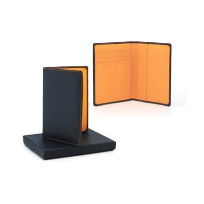 Passport Holder in black Bicast Leather with orange interior, ideal as a corporate gift for travelers.