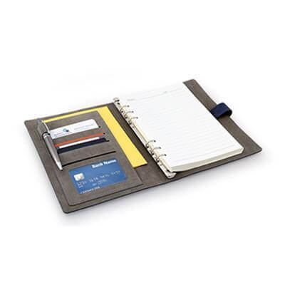 Portfolio | A5 open showcasing writing notebook, card slots, and pen loop, ideal for a corporate gift.