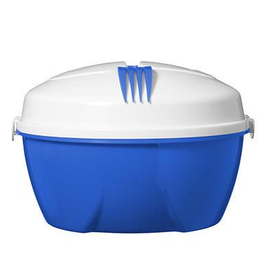 Salad Bowl Set featuring a blue bowl with white lid and integrated fork for convenient salad serving.