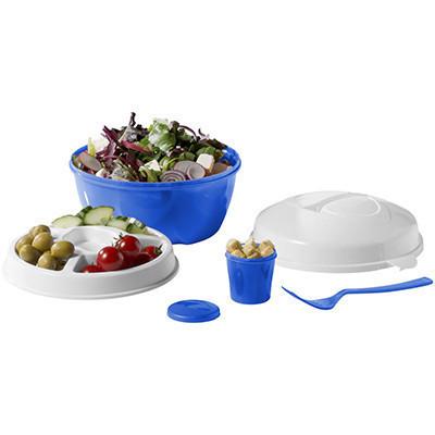 Salad Bowl Set featuring a blue salad bowl, a removable 4-compartment saucer, and a fork for convenient serving.