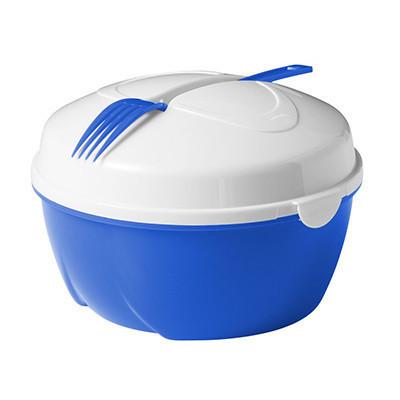 Salad Bowl Set with a removable saucer, blue and white color, includes a fork for convenient serving.