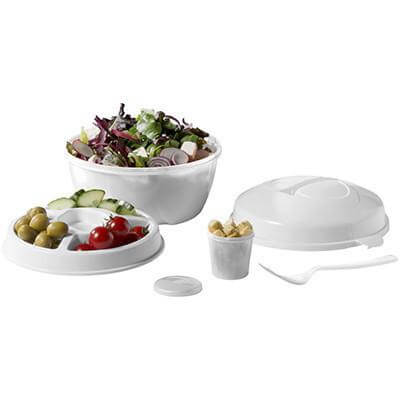 Salad Bowl Set featuring a large bowl, removable saucer with compartments, and a fork, ideal for serving salads