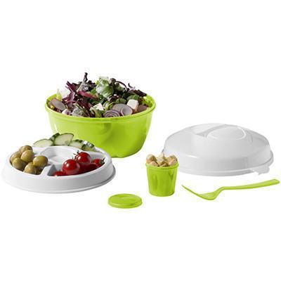 Salad Bowl Set featuring a green bowl, 4-compartment saucer, and fork for easy salad serving and corporate gifts.