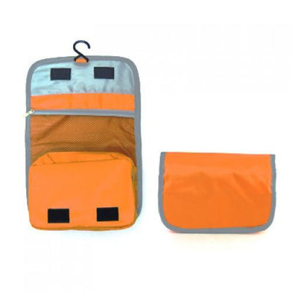 Scandic Toiletries Pouch in orange with hook, open showing compartments, perfect for organizing travel essentials.