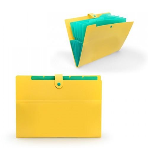Scot 5 Pocket Document File in vibrant yellow with turquoise pockets for organized document storage.