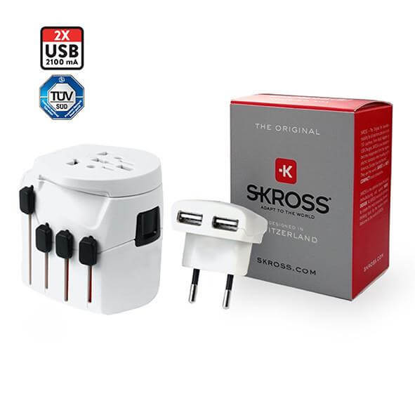 SKROSS Travel Adaptor PRO + USB with dual USB charger and box for global use.