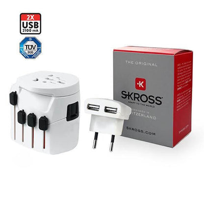 SKROSS Travel Adaptor PRO + USB with dual USB charger and box for global use.