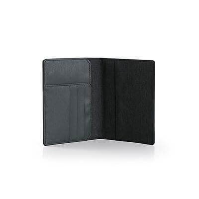 Inside view of Snow Canvas Passport Holder showing compartments and sleek design.