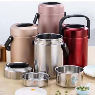 1600ml Stainless Steel Thermal Bento Box in various colors including red, pink, and gold.