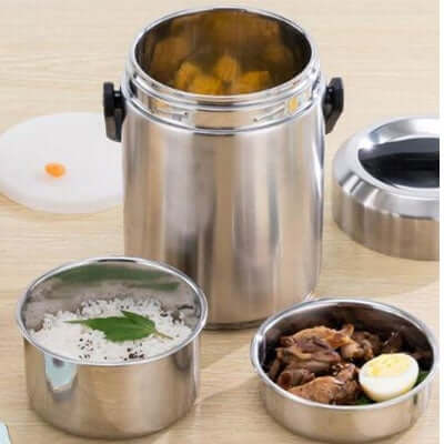 Image of a 1600ml Stainless Steel Thermal Bento Box with compartments holding rice and meat.