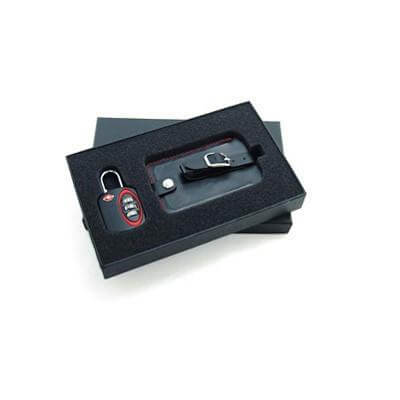 Travel Accessories Set featuring a TSA-approved padlock and a chic luggage tag in an elegant gift box.
