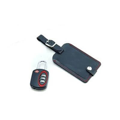 Travel Accessories Set featuring a TSA-approved padlock and stylish luggage tag in black.