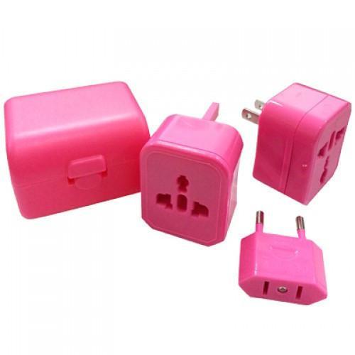 Travel Adaptor with box in pink color, featuring 3 interchangeable prongs for UK, EU, US, and AU use.