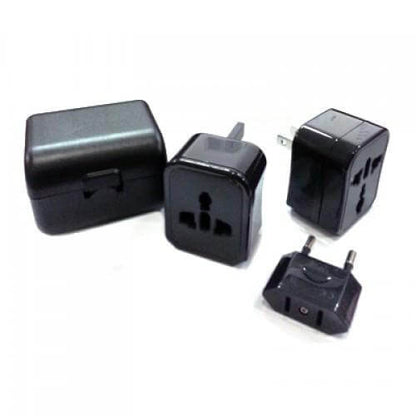 Travel Adaptor with box featuring interchangeable prongs for UK, EU, US, and AU use.
