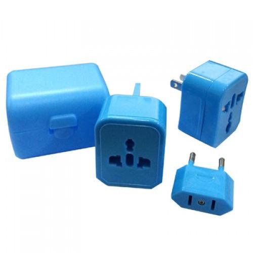 Travel Adaptor with box featuring interchangeable prongs in blue for international travel use.