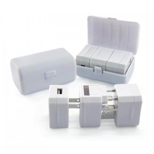 Travel Adaptor With USB Hub And box shown with a compact design and storage case for tech-savvy travelers.