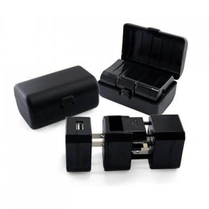 Travel Adaptor With USB Hub And box in black with detachable prongs and protective case.