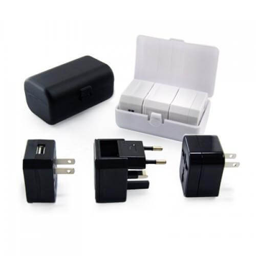 Travel Adaptor With USB Hub And box featuring various plug types and a compact carrying case.