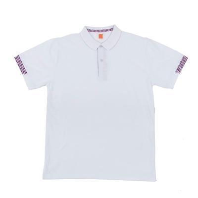 Trendy Honeycomb Polo Tee in white with contrasting zig-zag design, perfect for corporate gifts and stylish wear.
