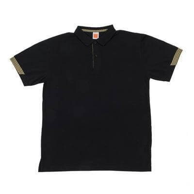 Trendy Honeycomb Polo Tee in black with unique gold-accented sleeves, perfect for corporate gifts.